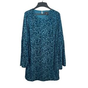 Adrienne Vittadini M Teal Blue Velvet Burnout Floral Long Bell Sleeve Dress